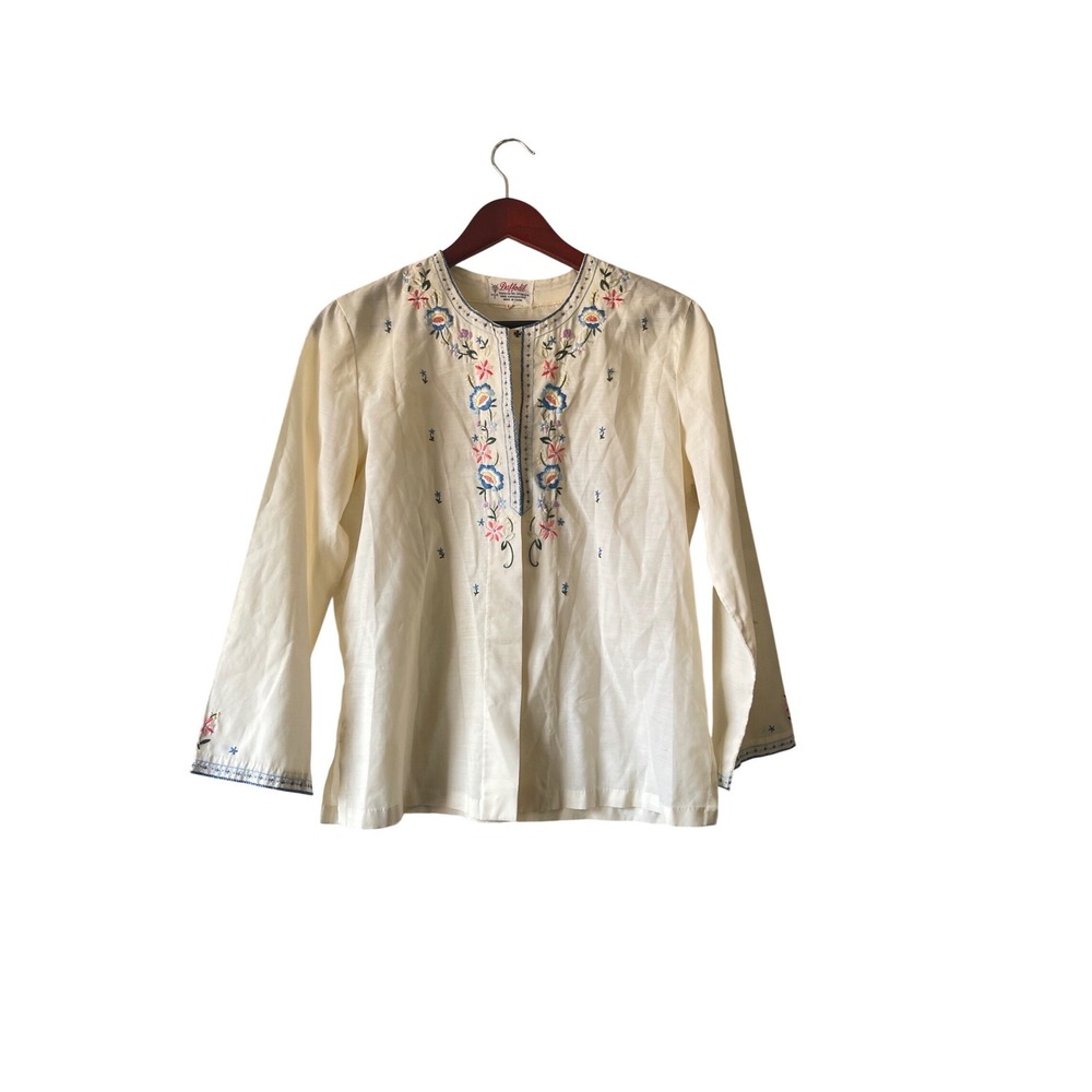 Daffodil‎ Vintage Hand Embroidered Floral Blouse Cream Cotton Blend Boho Top